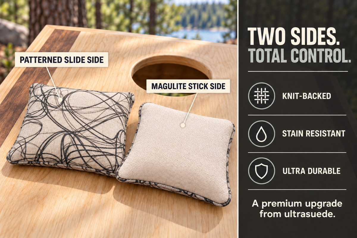 Premium Scribble Morning Mist cornhole bag feature guide showing patterned slide side and cream Magulite stick side