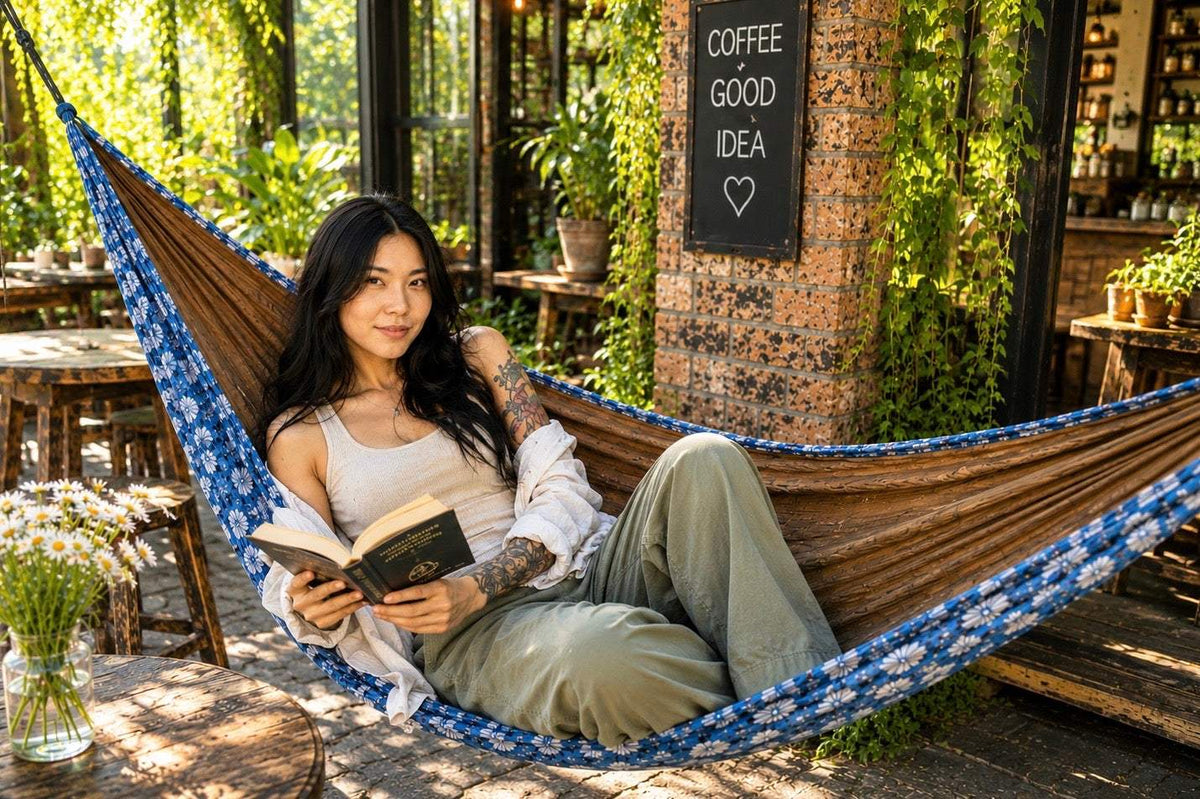Woman relaxing with a book in a handcrafted Hammock Hut hammock at a garden cafe