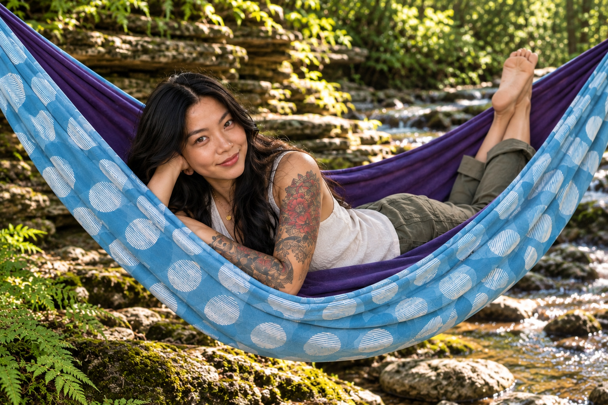 Mini Bo relaxing in the Azure Solstice Premium Hammock with deep plum-purple interior beside a forest creek