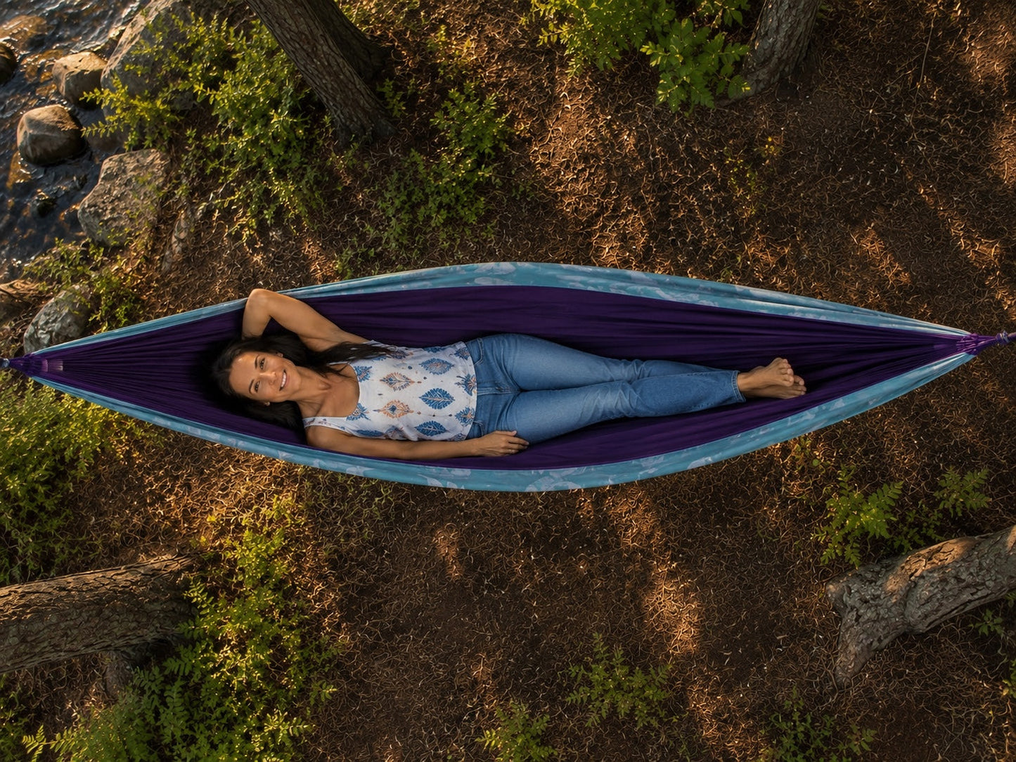 Overhead view of the Azure Solstice hammock by the lake