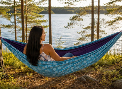 Rear view of the Azure Solstice hammock facing the lake