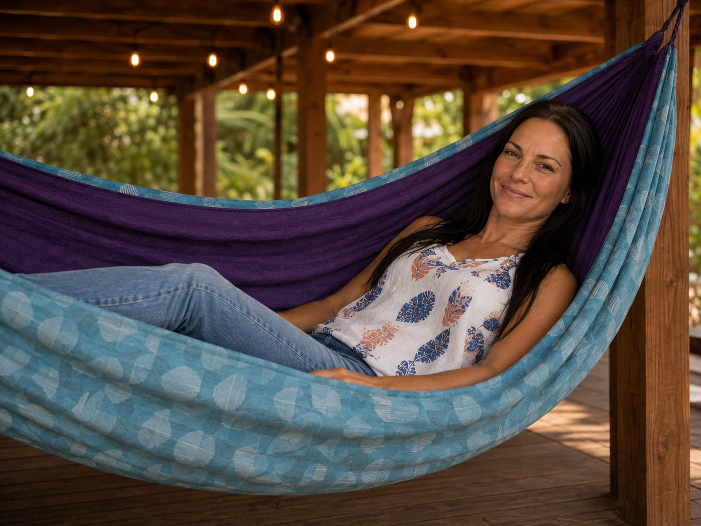 Azure Solstice hammock under a wood shelter showing the purple interior
