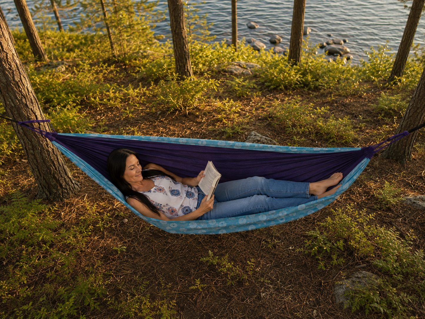 Wide view of Kathy reading in the Azure Solstice hammock beside the lake