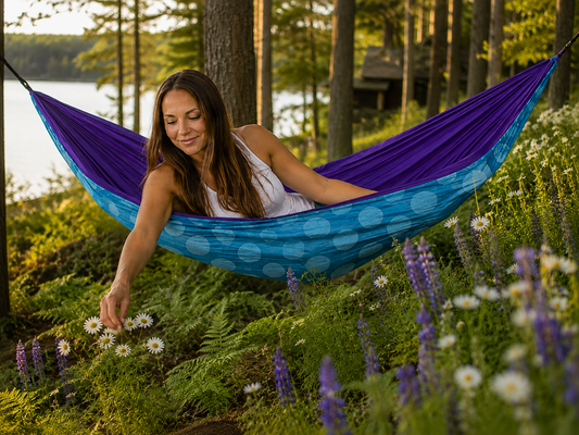 Kathy reaching toward daisies from the Azure Solstice Premium Hammock among wildflowers by the lake