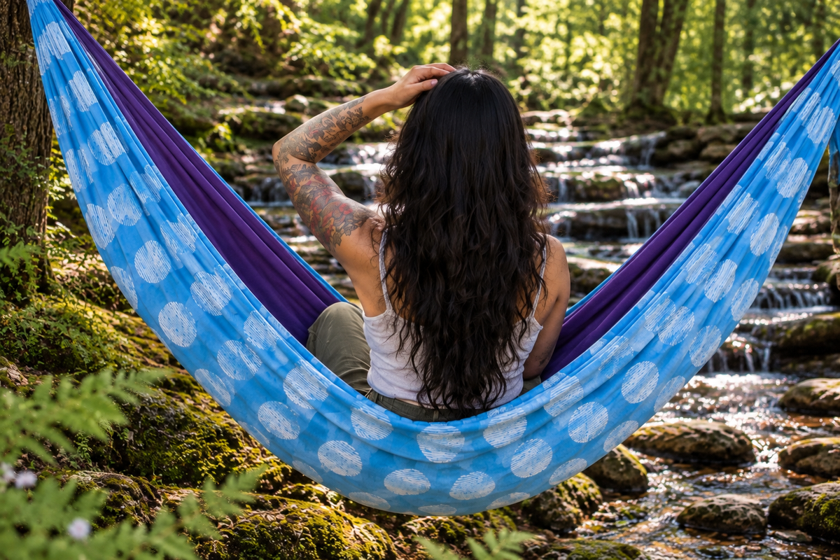 Mini Bo viewed from behind relaxing in the Azure Solstice Premium Hammock beside a woodland waterfall