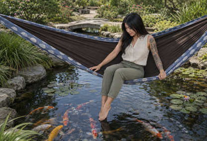 Botanica Solstice Premium Hammock beside a tranquil koi pond