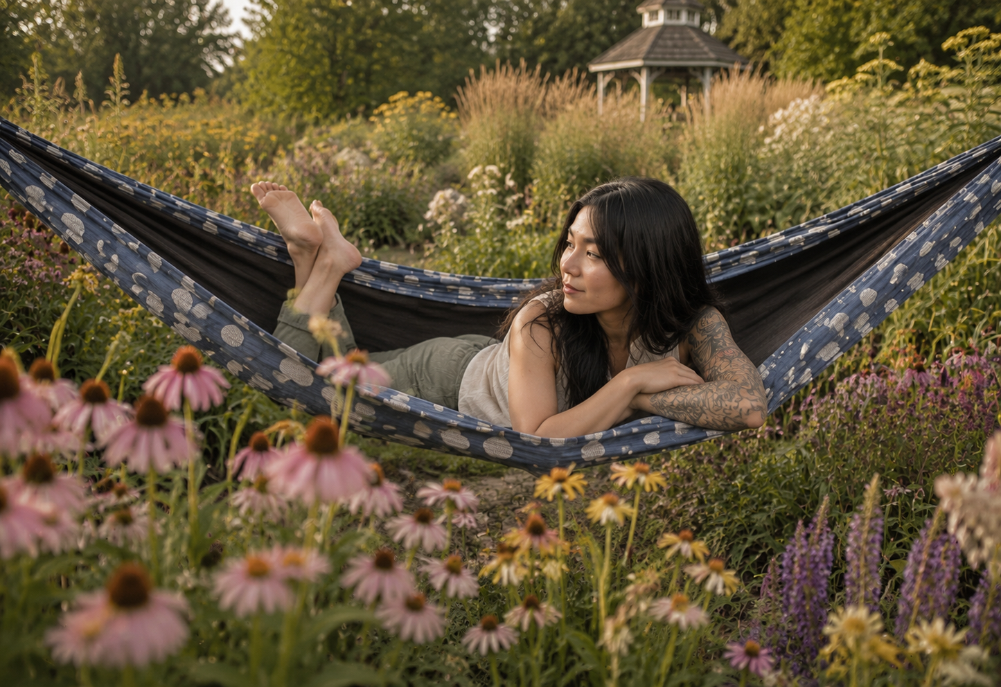 Botanica Solstice Premium Hammock in a sunny pollinator meadow