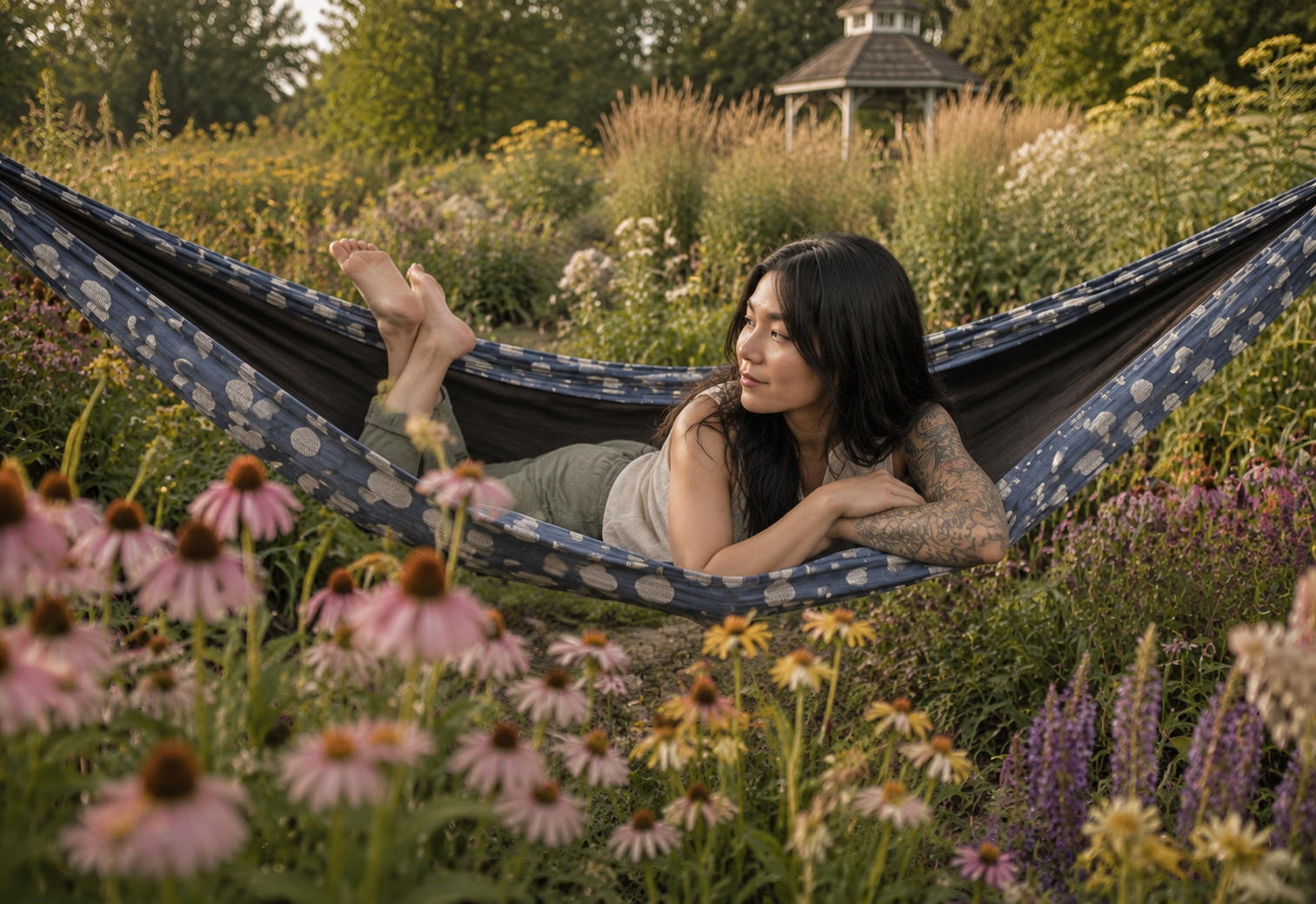 Botanica Solstice Premium Hammock in a sunny pollinator meadow