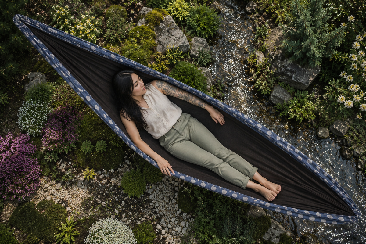 Overhead view of the Botanica Solstice Premium Hammock in an alpine rock garden