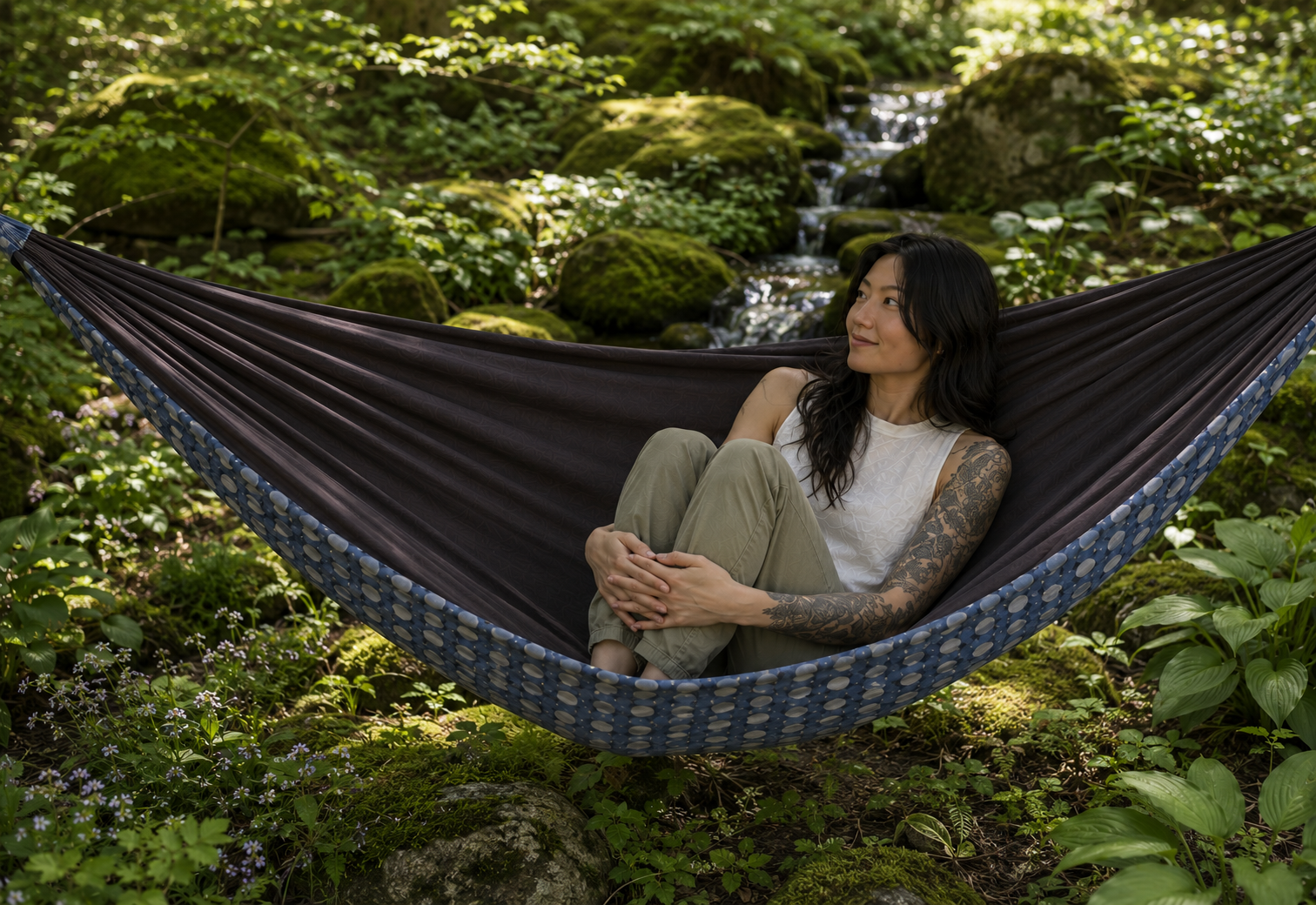 Botanica Solstice Premium Hammock in a cool mossy garden