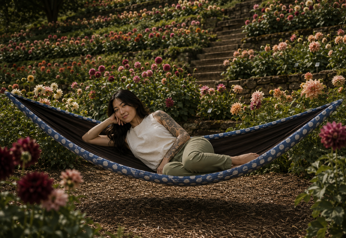 Botanica Solstice Premium Hammock among flowering dahlia terraces