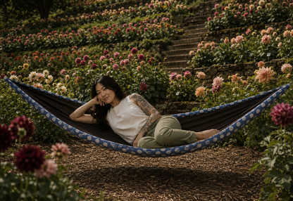 Botanica Solstice Premium Hammock among flowering dahlia terraces