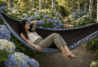 Botanica Solstice Premium Hammock along a blooming birch garden path