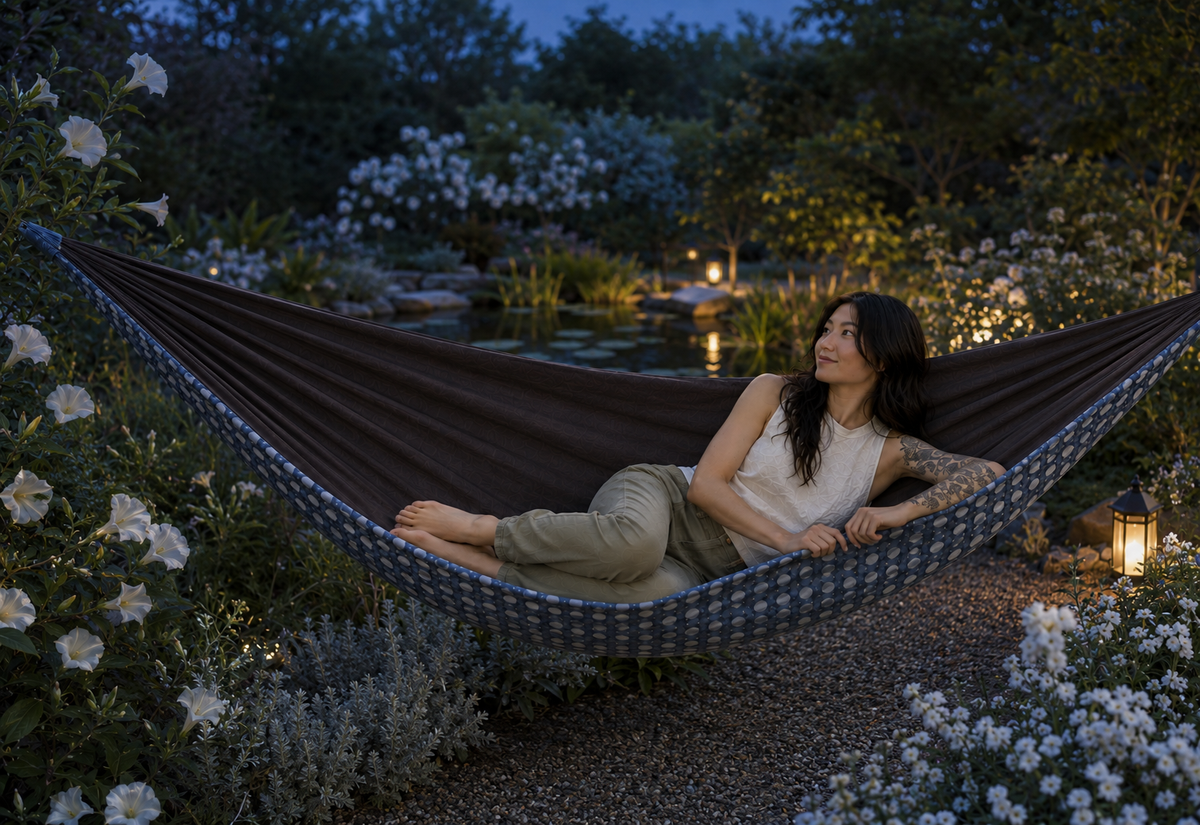 Botanica Solstice Premium Hammock in a softly lit evening garden
