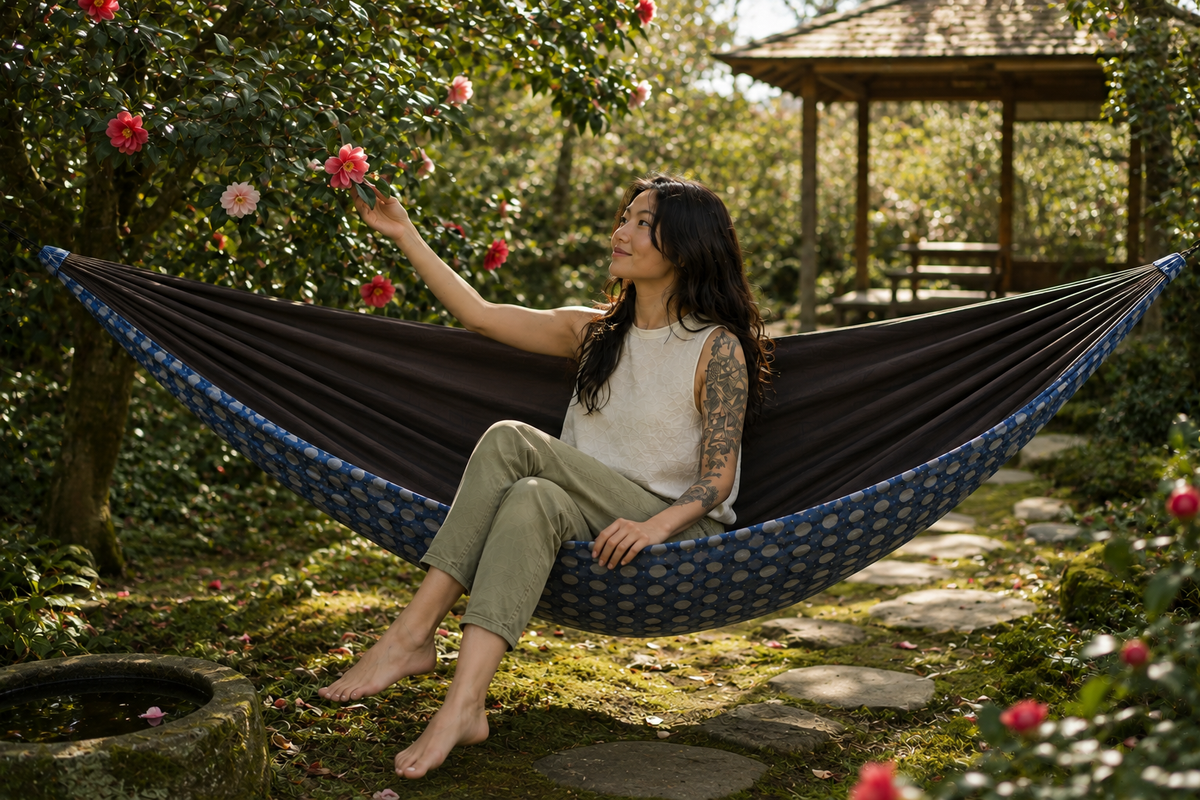 Botanica Solstice Premium Hammock in a sunlit camellia tea garden