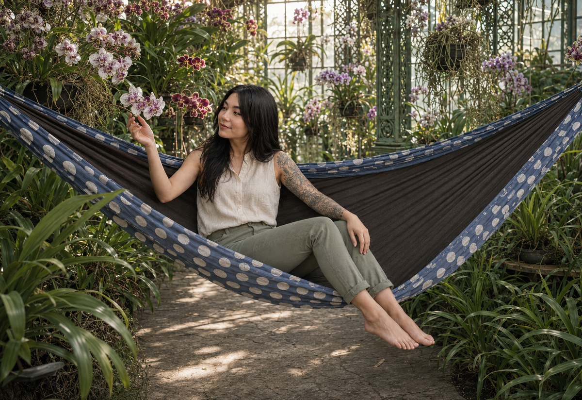 Botanica Solstice Premium Hammock amid orchids in a glass conservatory