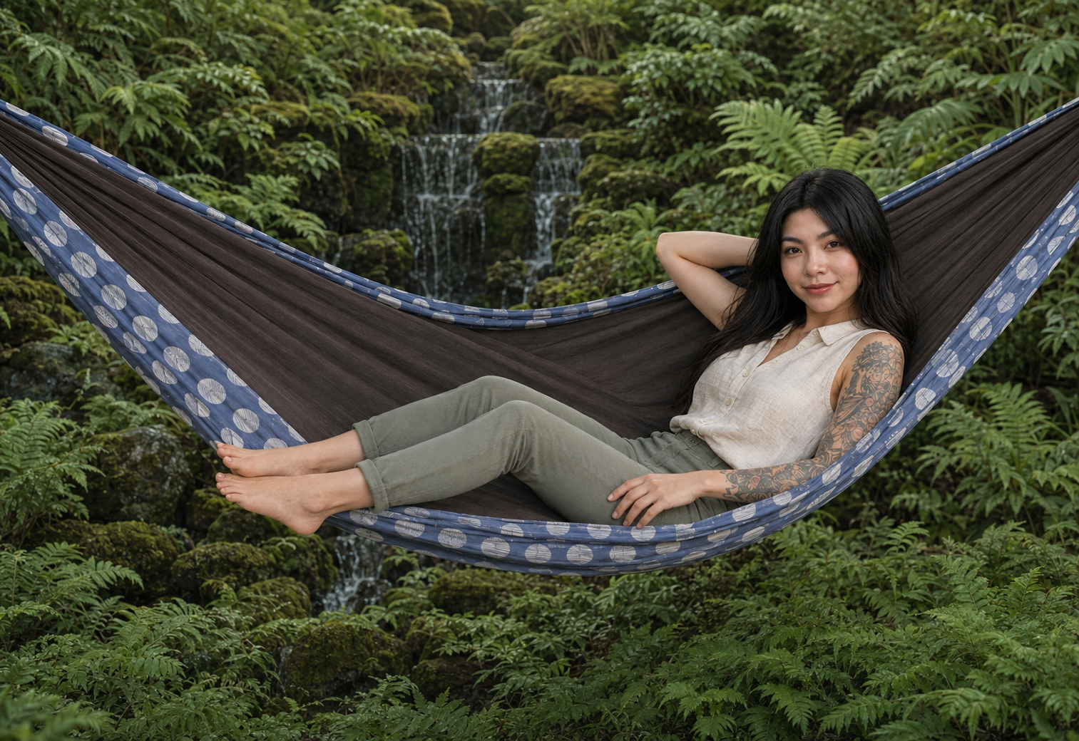 Botanica Solstice Premium Hammock in a lush waterfall garden