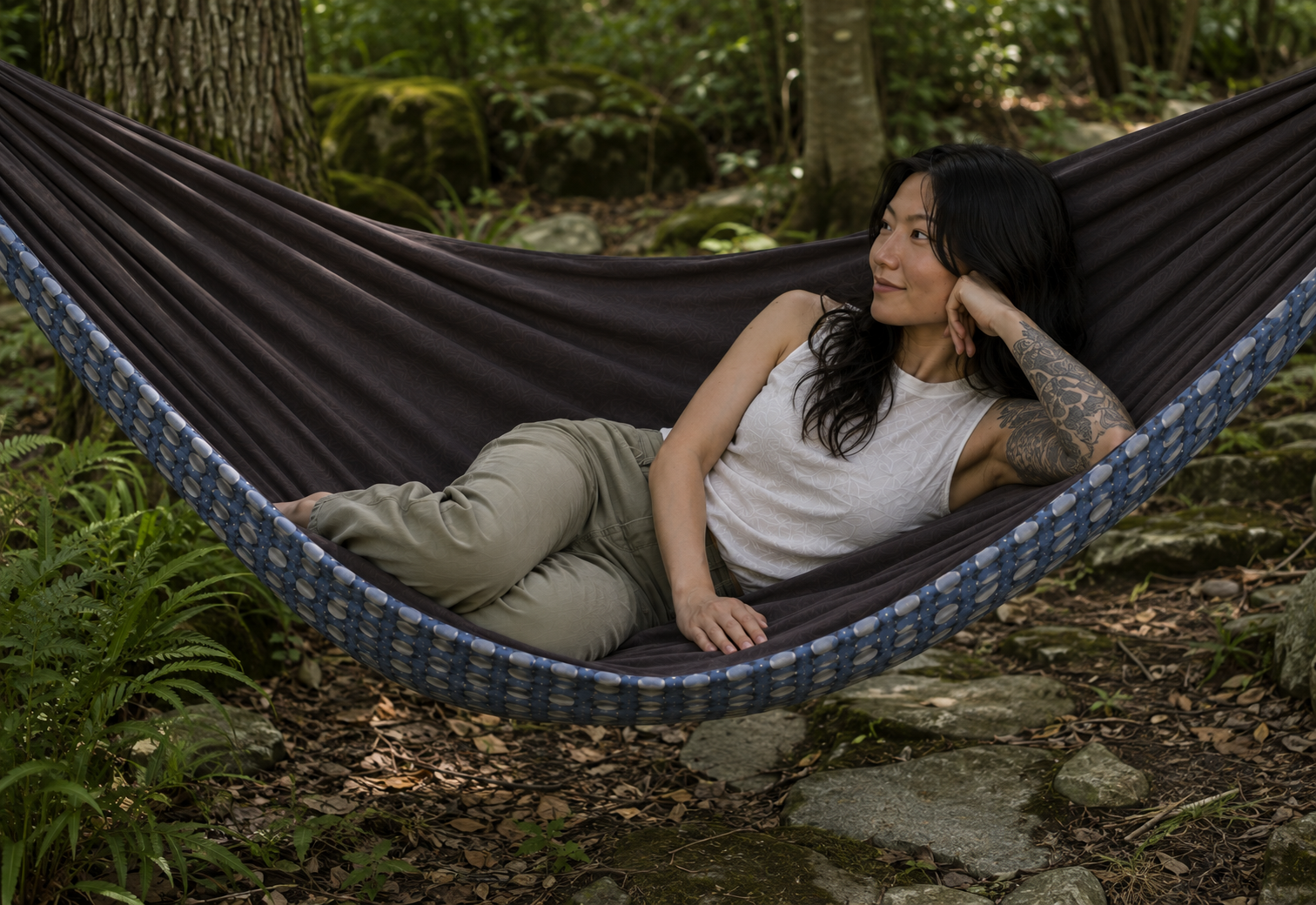 Botanica Solstice Premium Hammock in a quiet woodland garden
