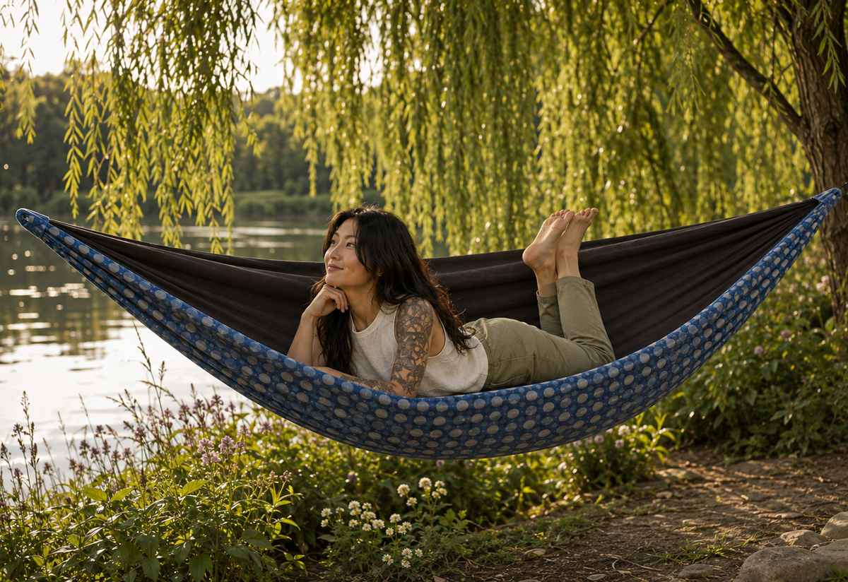 Botanica Solstice Premium Hammock beneath a willow beside the garden lake