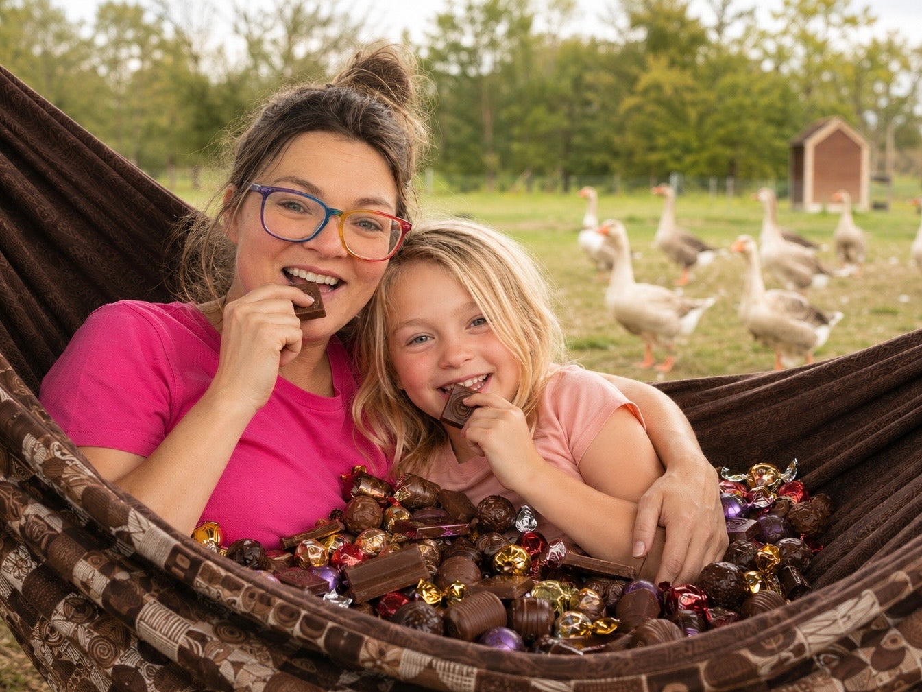 Chocoholic Premium Hammock with mother and daughter enjoying chocolate