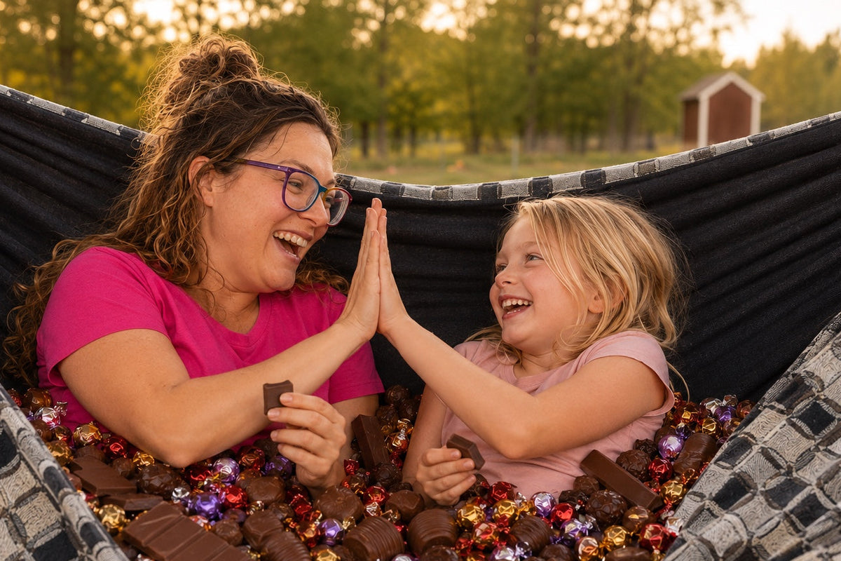 Mother and daughter high-fiving in Chocoholic Premium Hammock with chocolate