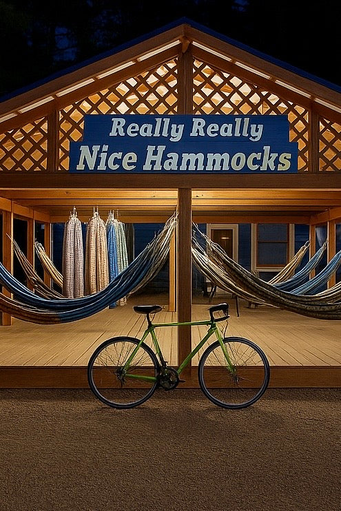 Hammock Hut storefront at night with hammocks and a bicycle