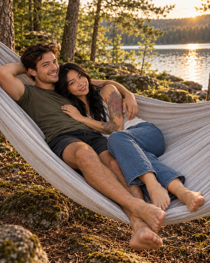 Concrete + Premium Hammock with two adults relaxing together in the extra-wide hammock