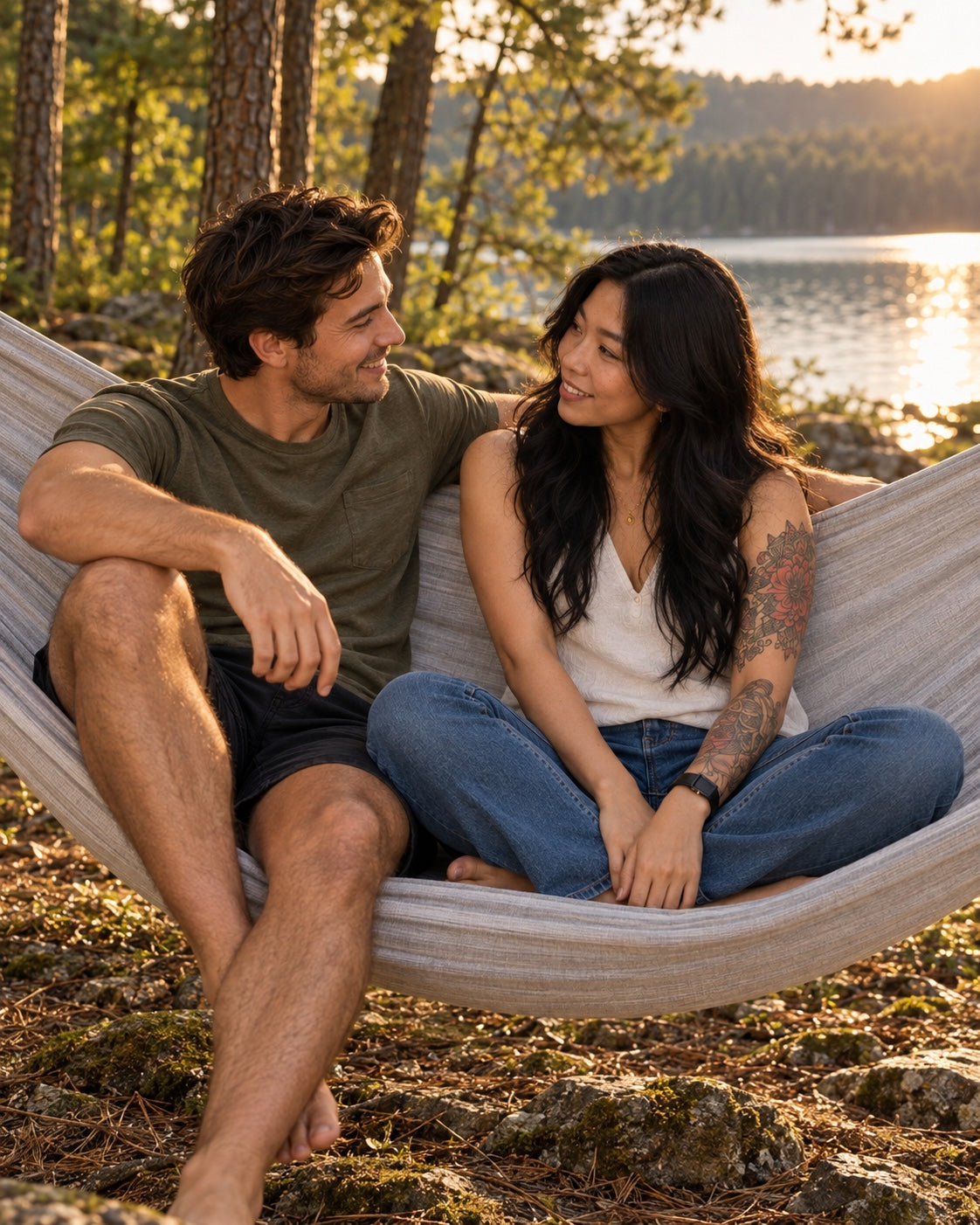 Two adults seated together in the extra-wide Concrete + Premium Hammock at golden hour