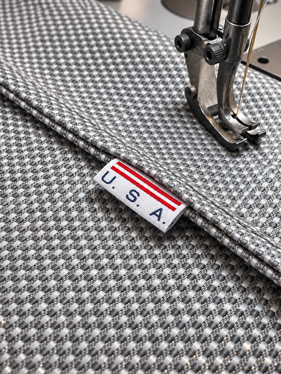 USA label being sewn into Concrete + Premium Hammock silver-gray fabric