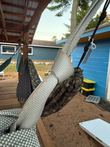 Close-up of the Concrete + Premium Hammock end webbing made from heavy-duty cargo strap webbing
