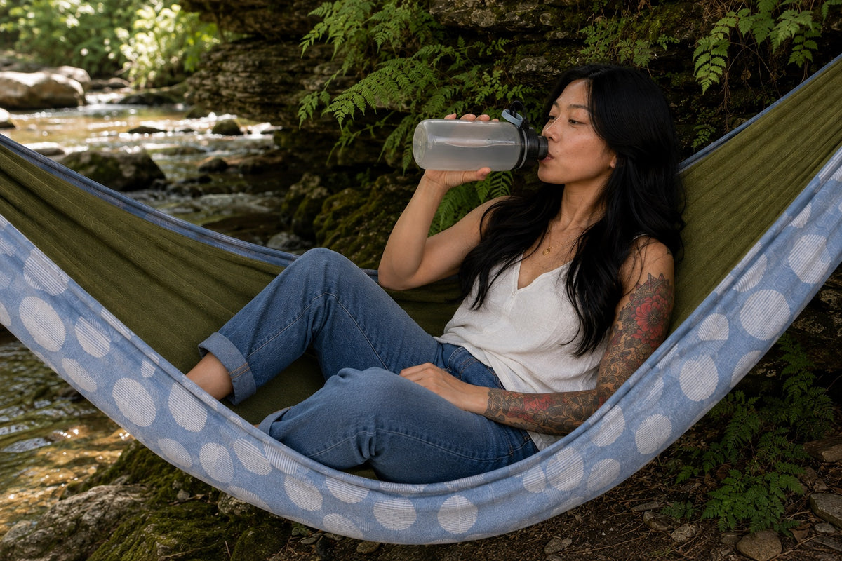 Woman relaxing with a water bottle in Fernwater Solstice Premium Hammock