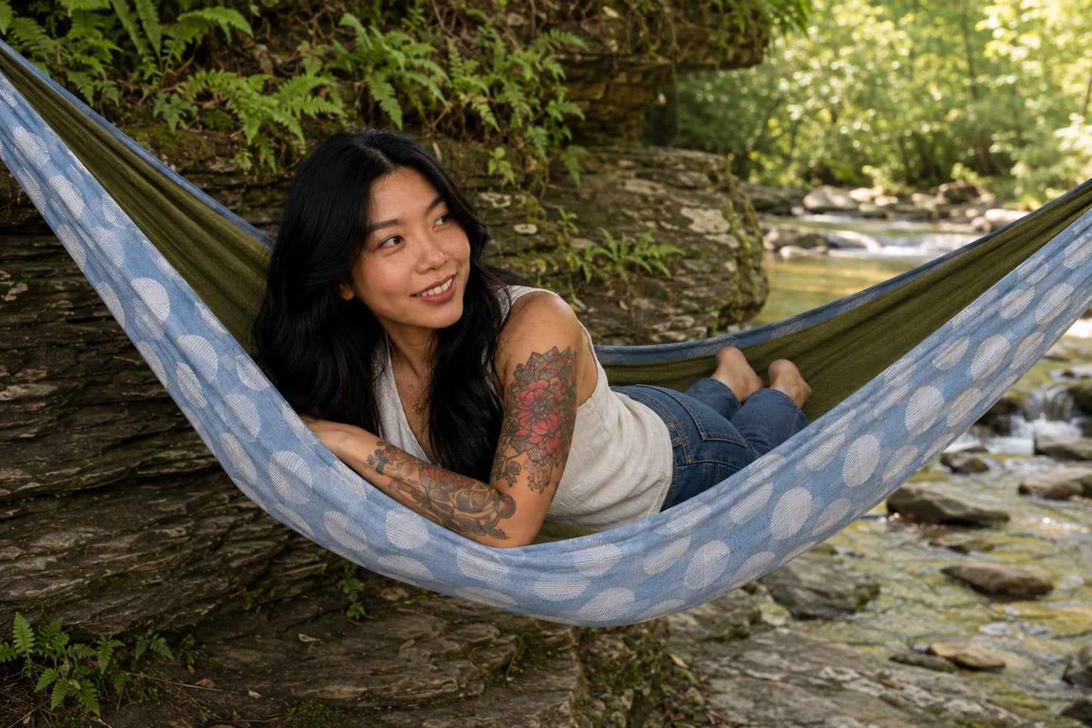 Close view of a woman relaxing in Fernwater Solstice Premium Hammock