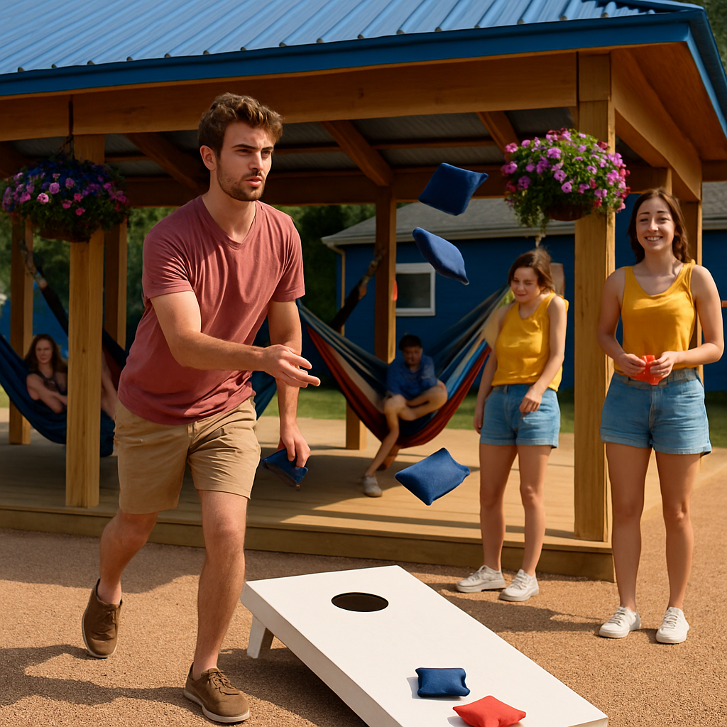 Cornhole being played outside the Hammock Hut in St. Germain, Wisconsin