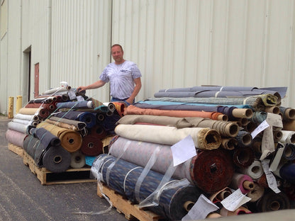 Pallets of upholstery fabric selected for Hammock Hut handmade products.
