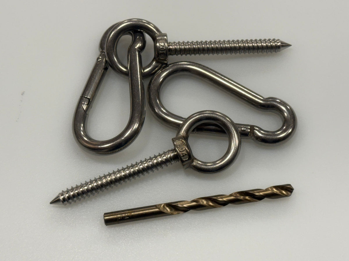 Hammock Hut stainless steel hanging hardware kit with two eye screws, two carabiners and pilot drill bit