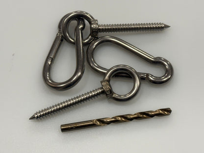 Hammock Hut stainless steel hanging hardware kit with two eye screws, two carabiners and pilot drill bit