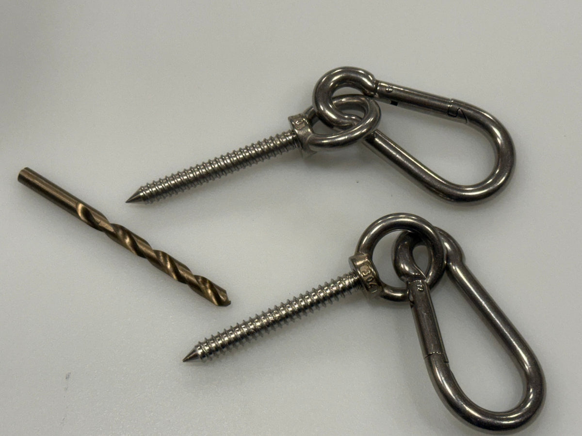Hammock hanging kit with stainless eye screws, carabiners and pilot bit