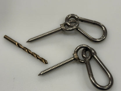Hammock hanging kit with stainless eye screws, carabiners and pilot bit