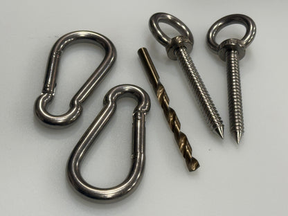 Close view of hammock hanging hardware kit components