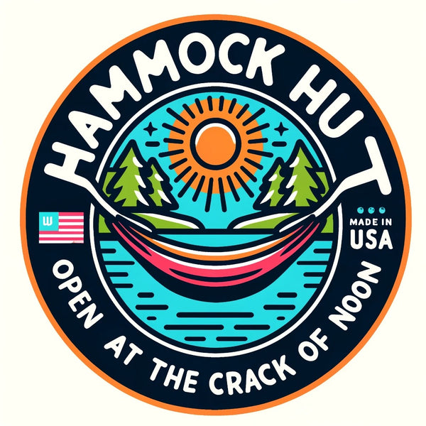 Hammock Hut circular logo — Open at the crack of noon, Made in USA