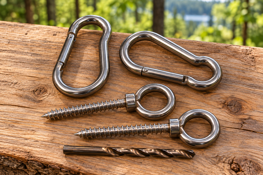 Hammock Hut stainless steel hanging hardware kit displayed on wood in a Northwoods setting