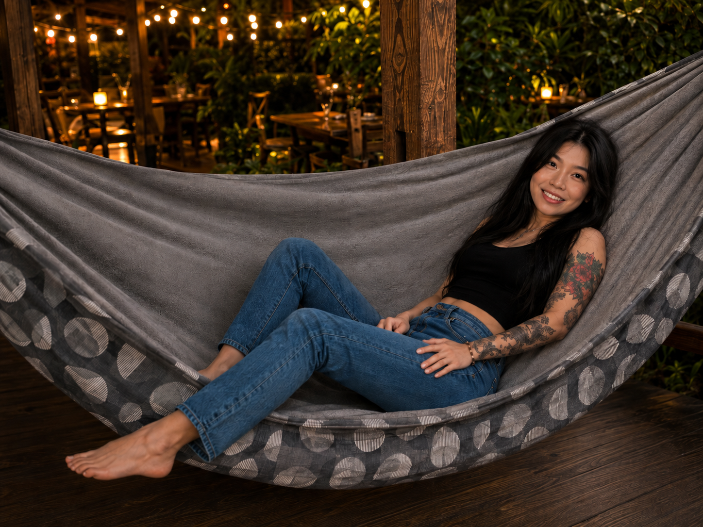 Moonstone Solstice Premium Hammock in a warm garden setting