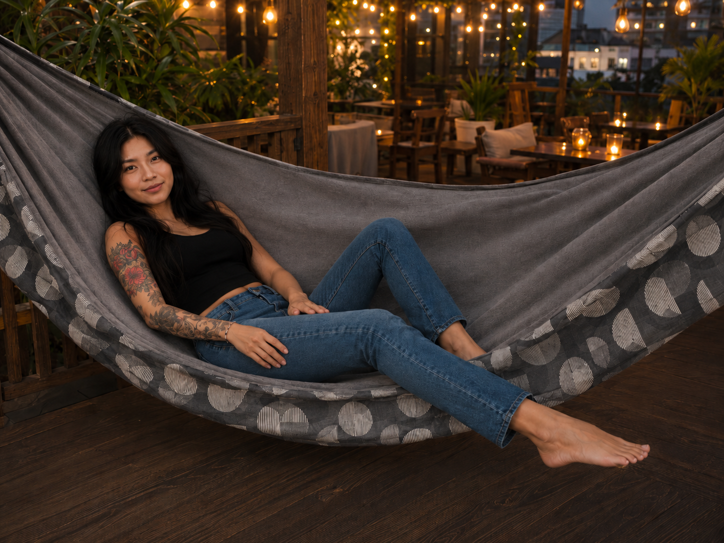 Moonstone Solstice Premium Hammock in a cozy evening setting