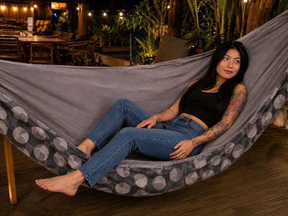 Moonstone Solstice Premium Hammock under warm string lights