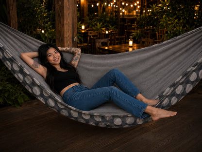 Moonstone Solstice Premium Hammock in a warmly lit evening setting