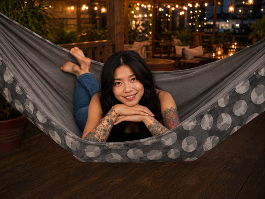Moonstone Solstice Premium Hammock playful face-forward lifestyle photo