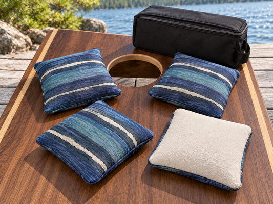 Four Premium Painted Stripe Blue cornhole bags with cream Maglite reverse and black carrying case