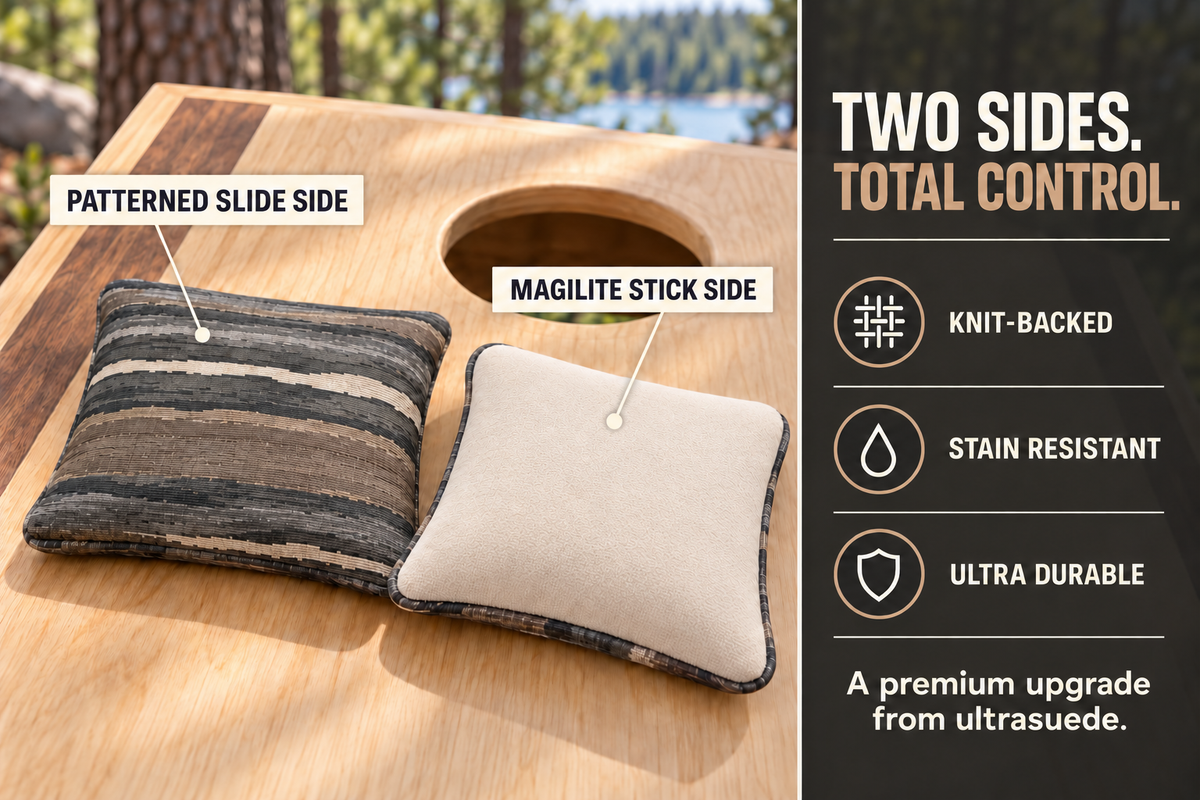 Premium Painted Stripe Brown cornhole bag feature guide showing patterned slide side and cream Magilite stick side