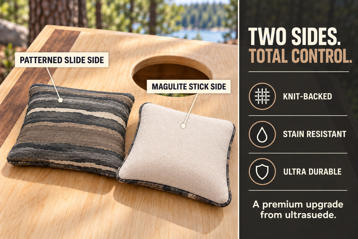Premium Painted Stripe Brown cornhole bag feature guide showing patterned slide side and cream Magulite stick side