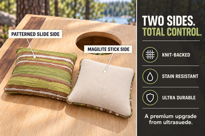 Premium Painted Stripe Green cornhole bag feature guide showing patterned slide side and cream Magilite stick side